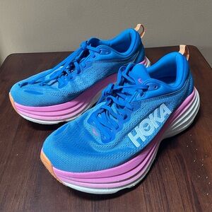 Hoka Bondi 8 Running / Walking Shoe, Blue / Pink, Women's 10 Wide (10D)